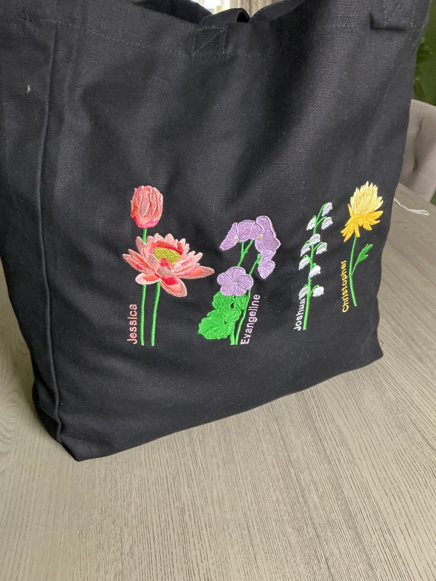 Embroidered Birth Month Flower Tote Bag: Personalised Floral Gift