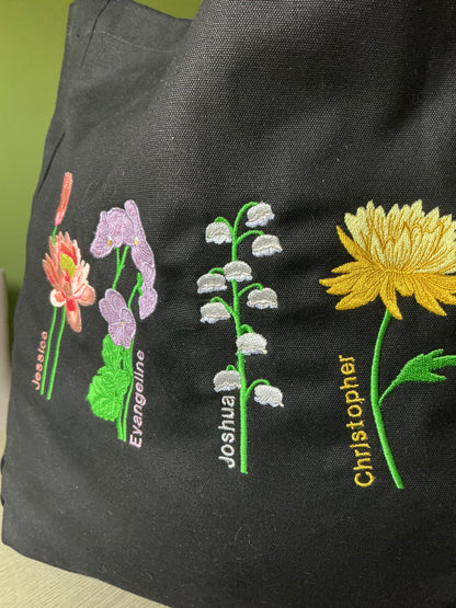 Embroidered Birth Month Flower Tote Bag: Personalised Floral Gift