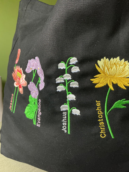 Embroidered Birth Month Flower Tote Bag: Personalised Floral Gift