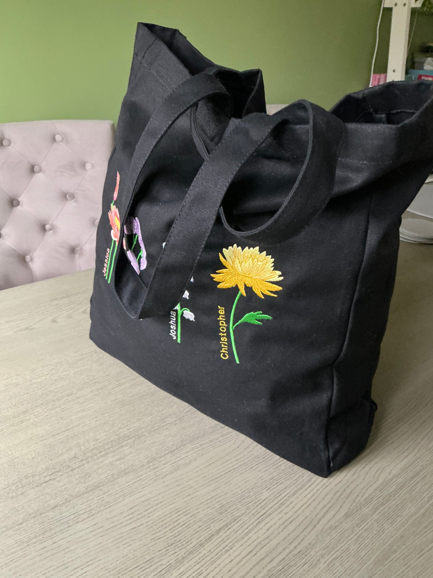Embroidered Birth Month Flower Tote Bag: Personalised Floral Gift