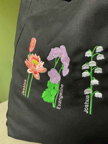 Embroidered Birth Month Flower Tote Bag: Personalised Floral Gift