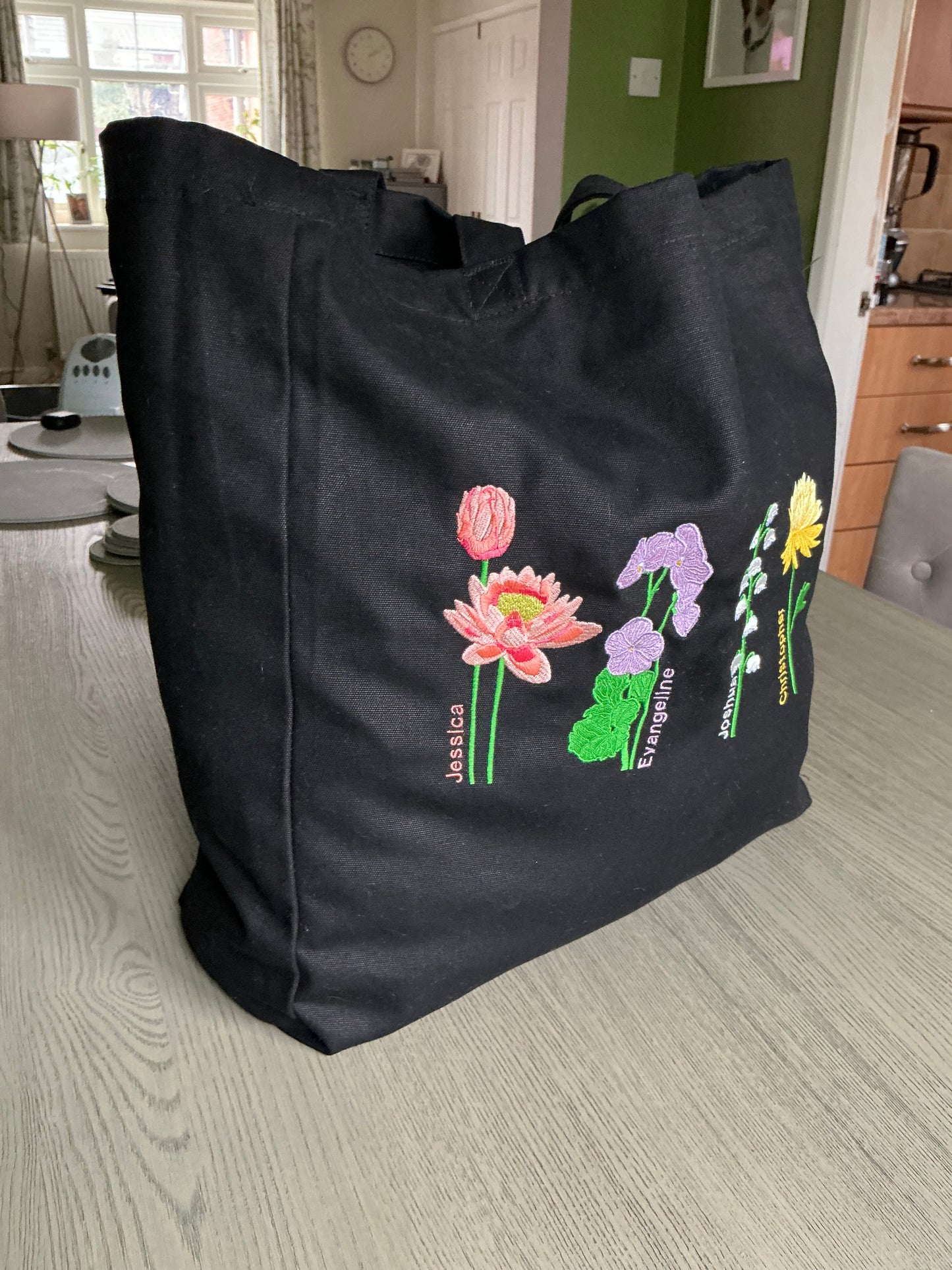 Embroidered Birth Month Flower Tote Bag: Personalised Floral Gift